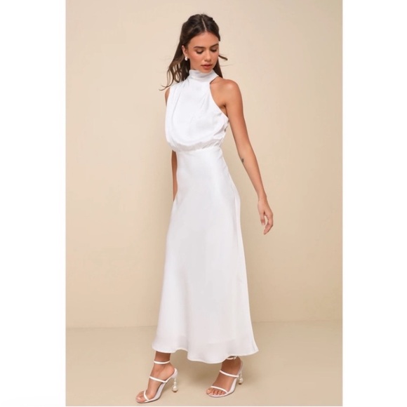 Lulus Distinctive Charm White Satin Asymmetrical Midi Dress Size Large FLAW - Picture 2 of 13